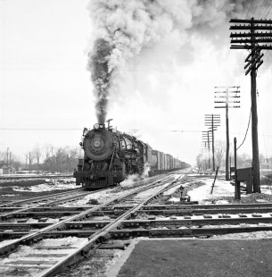 Westbound Baltimore and Ohio Railroad engine no. 6179 at crossing near Fostoria, Ohio. Photograph by Robert A. Hadley, © 2017, Center for Railroad Photography and Art. Hadley-03-085-02