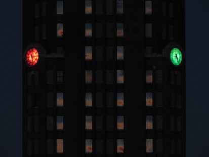 Buffalo Central Terminal's clocks glow red and green for the holidays as the last light of New Year's Day 2017 reflects off the windows.

Read more about the <a href="http://www.railphoto-art.org/awards/2017-awards/" rel="nofollow">2017 John E. Gruber Creative Photography Awards Program</a>.