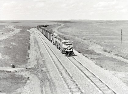 Burlington Northern Railroad engine no. 9803 pulling freight train. Photograph by Robert A. Hadley, © 2017, Center for Railroad Photography and Art. Hadley-08-029-05