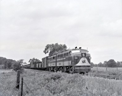 Ann Arbor Railroad engine no. 56 pulling freight train. Photograph by Robert A. Hadley, © 2017, Center for Railroad Photography and Art. Hadley-03-001-01