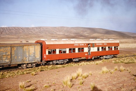 A close up of a passenger car attached to the Empresa Nacional de Ferrocarriles Bolivia train traveling to Tiwanaku, Western Bolivia, Bolivia, on September 30, 1992. Photograph by Fred M. Springer, © 2014, Center for Railroad Photography and Art. Springer-ARG-PA-CHI-BO2-14-30