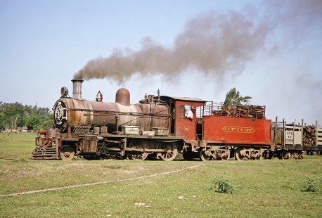 Ferrocarril Presidente Carlos Antonio López (later Ferrocarriles del Paraguay SA FEPASA) wood-burning steam locomotive no. 59 crosses over a patch of grassy land in Isca Saca, Paraguay, on October 21, 1991. Photograph by Fred M. Springer, © 2014, Center for Railroad Photography and Art. Springer-ARG-PA-CHI-BO2-04-11