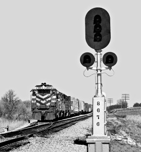 Southbound Missouri–Kansas–Texas Railroad freight train pulls out of siding at Eddy, Texas (near Waco), in March 1988. Photograph by J. Parker Lamb, © 2016, Center for Railroad Photography and Art. Lamb-02-047-10