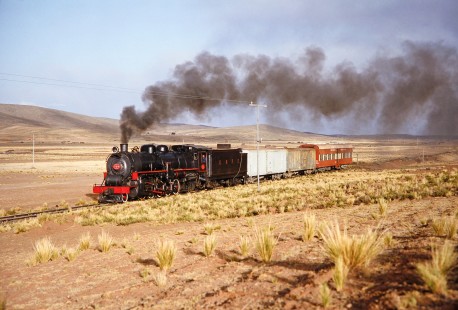 Empresa Nacional de Ferrocarriles Bolivia 2-10-2 steam locomotive no. 704 in Tiwanaku, Western Bolivia, Bolivia, on September 30, 1992. Photograph by Fred M. Springer, © 2014, Center for Railroad Photography and Art. Springer-ARG-PA-CHI-BO2-14-32