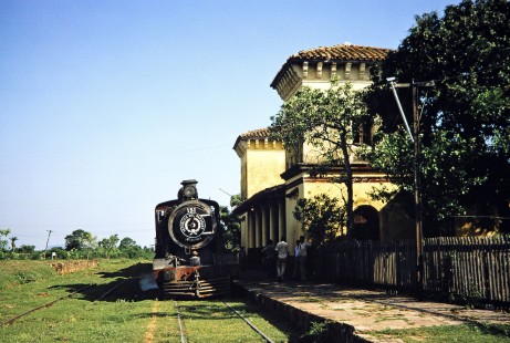 A group of people move along the platform towards Ferrocarril Presidente Carlos Antonio López (later Ferrocarriles del Paraguay SA FEPASA) steam locomotive no. 151 in Pirayú, Paraguarí, Paraguay, on October 22, 1991. Photograph by Fred M. Springer, © 2014, Center for Railroad Photography and Art. Springer-ARG-PA-CHI-BO2-06-27