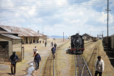 Empresa Nacional de Ferrocarriles Bolivia 2-8-0 steam locomotive no. 9 or "Mururata" in Guaqui, Western Bolivia, Bolivia, on September 30, 1992. Photograph by Fred M. Springer, © 2014, Center for Railroad Photography and Art. Springer-ARG-PA-CHI-BO2-12-19