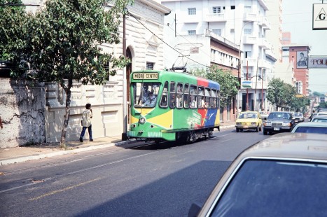 The Micro Centro street car travels the streets and stops to take on another passenger in Asunción, Gran Asunción, Paraguay, on February 25, 1990. Photograph by Fred M. Springer, © 2014, Center for Railroad Photography and Art. Springer-PA-BR-SOAM-ME-ARG2-01-04