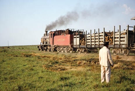 Ferrocarril Presidente Carlos Antonio López (later Ferrocarriles del Paraguay SA FEPASA) steam locomotive no. 59 passes a conductor in a white uniform in Estancia Candelaria, Paraguay, on October 21, 1991. Photograph by Fred M. Springer, © 2014, Center for Railroad Photography and Art.  Springer-ARG-PA-CHI-BO2-04-04