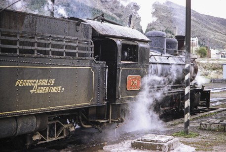 Viejo Expreso Patagónico (Old Patagonian Express) steam locomotive no. 104 in Esquel, Chubut, Argentina, on April 13, 1991. Photograph by Fred M. Springer. © 2014, Center for Railroad Photography and Art. Springer-PA-BR-SOAM-ME-ARG2-21-08