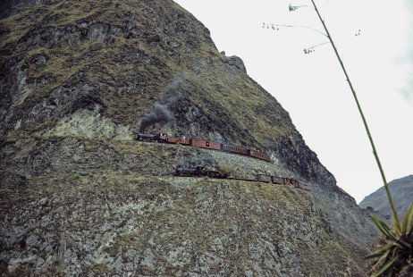 Two Guayaquil-Quito Railway steam locomotives at the Nariz del Diablo (Devil's Nose) near Riobamba, Chimborazo, Ecuador, on July 9, 1990. Photograph by Fred M. Springer, © 2014, Center for Railroad Photography and Art, Springer-ECU1-24-15