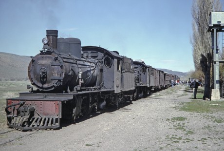 Viejo Expreso Patagónico (Old Patagonian Express) steam locomotives nos. 105 and 135 prepare to lead a passenger train at the yard in El Maitén, Chubut, Argentina, on October 16, 1990. Photograph by Fred M. Springer. © 2014, Center for Railroad Photography and Art, Springer-SOAM1-17-17