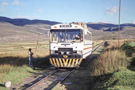 Empresa de Ferrocarriles Ecuatorianos rail-bus no. 3 near  Riobamba, Chimborazo, Ecuador, on July 26, 1988. Photograph by Fred M. Springer, © 2014, Center for Railroad Photography and Art, Springer-ECU1-11-29