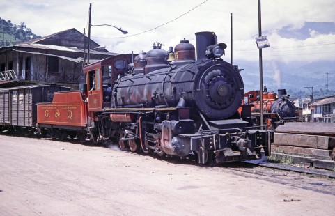 Guayaquil and Quito Railway steam locomotive no. 45 (no. 11 also visible) hauls freight train in Bucay, Chimborazo, Ecuador, on August 2, 1988. Photograph by Fred M. Springer, © 2014, Center for Railroad Photography and Art, Springer-ECU1-19-02