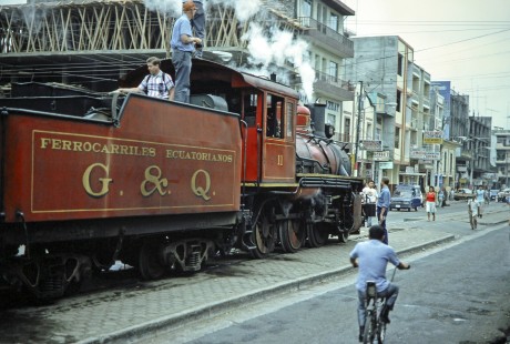 Guayaquil-Quito Railway steam locomotive no. 11 with passenger train in Milagro, Guayas, Ecuador, on July 9, 1990. Photograph by Fred M. Springer, © 2014, Center for Railroad Photography and Art, Springer-ECU1-22-14