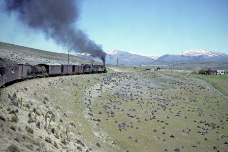 Viejo Expreso Patagónico (Old Patagonian Express) steam locomotives nos. 105 and 135 lead a passenger train near La Cancha, Chubut, Argentina, on October 16, 1990. Photograph by Fred M. Springer, © 2014, Center for Railroad Photography and Art, Springer-SOAM1-17-25