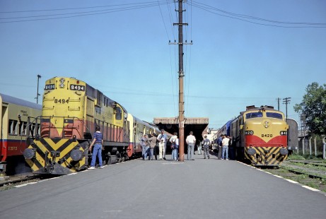 Ferrocarril Provincial de Buenos Aires (Province of Buenos Aires Railway) diesel locomotives nos. 8494 and 8420 with passenger trains at the station in San Martin in Buenos Aires, Argentina, on October 20, 1990. Photograph by Fred M. Springer, © 2014, Center for Railroad Photography and Art, Springer-SOAM1-20-10