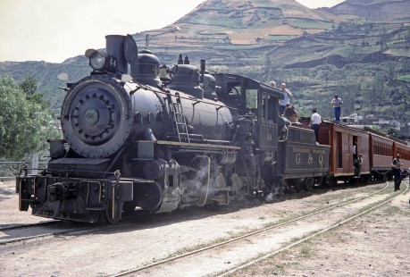 Guayaquil-Quito Railway steam locomotive no. 44 with passenger train at Alausi, Chimborazo, Ecuador, on July 24, 1988. Photograph by Fred M. Springer, © 2014, Center for Railroad Photography and Art, Springer-ECU1-07-23