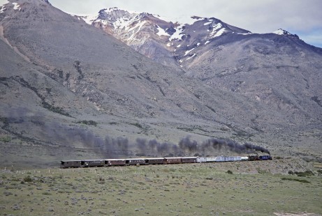 Viejo Expreso Patagónico (Old Patagonian Express) steam locomotives lead a mixed freight and passenger train in Esquel, Chubut, Argentina, on October 30, 1995. Photograph by Fred M. Springer.  © 2014, Center for Railroad Photography and Art, Springer-CHI-ARG1-10-01