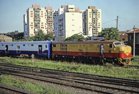 Ferrocarril Provincial de Buenos Aires (Province of Buenos Aires Railway) diesel locomotive no. 8420 at Saenz Pena in Buenos Aires, Argentina, on October 20, 1990. Photograph by Fred M. Springer.  © 2014, Center for Railroad Photography and Art. Springer-SOAM1-20-01