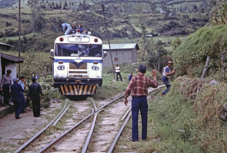 Empresa de Ferrocarriles Ecuatorianos rail-bus no. 97 in Cuenca, Azuay, Ecuador, on July 24, 1988. Photograph by Fred M. Springer, © 2014, Center for Railroad Photography and Art, Springer-ECU1-08-32