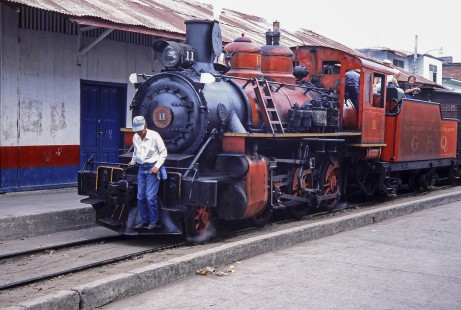 Guayaquil-Quito Railway steam locomotive no. 11 in Yaguachi, Guayas, Ecuador, on July 22, 1988. Photograph by Fred M. Springer, © 2014, Center for Railroad Photography and Art, Springer-ECU1-02-29