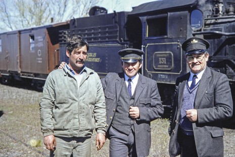 Workers with Viejo Expreso Patagónico steam locomotive no. 131 in La Cancha, Chubut, Argentina, on October 16, 1990. Photograph by Fred M. Springer, © 2014, Center for Railroad Photography and Art, Springer-SOAM1-17-29