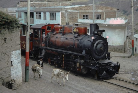 Guayaquil-Quito Railway steam locomotive no. 58 in Alausi, Chimborazo, Ecuador, on July 10, 1990. Photograph by Fred M. Springer, © 2014, Center for Railroad Photography and Art, Springer-SOAM1-01-36