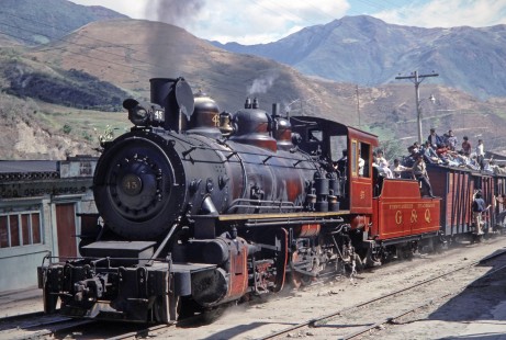Guayaquil-Quito Railway steam locomotive no. 45 in Huigra, Chimborazo, Ecuador, on July 23, 1988. Photograph by Fred M. Springer, © 2014, Center for Railroad Photography and Art, Springer-ECU1-05-04
