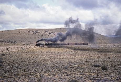 Viejo Expreso Patagónico (Old Patagonian Express) steam locomotive nos. 6 and 115 lead a passenger train past kilometer post 185 in Cerro Mesa, Río Negro, Argentina, on October 14, 1991. Photograph by Fred M. Springer. © 2014, Center for Railroad Photography and Art, Springer-PA-BR-SOAM-ME-ARG2-23-36