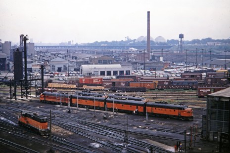 Milwaukee Road F-units nos. 69C, 113B, 61B, 110A at the railroad's shops in Milwaukee, Wisconsin, on August 8, 1968. Photograph by Thomas F. McIlwraith, McIlwraith-01-023-09, © 2018, Center for Railroad Photography & Art, <a href="http://www.railphoto-art.org" rel="noreferrer nofollow">www.railphoto-art.org</a>