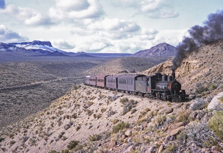 Viejo Expreso Patagónico (Old Patagonian Express) steam locomotive no. 4  with a passenger train at kilometer post 114.5 in Cerro Mesa, Río Negro, Argentina, on October 15, 1991. Photograph by Fred M. Springer, © 2014, Center for Railroad Photography and Art, Springer-PA-BR-SOAM-ME-ARG2-24-12