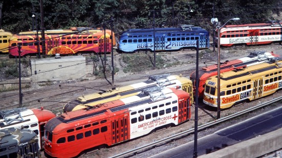Port Authority of Allegheny County PCC cars at South Hill Junction in Pittsburgh, Pennsylvania, on September 24, 1982. Photograph by Thomas F. McIlwraith, McIlwraith-01-037-14, © 2018, Center for Railroad Photography & Art, <a href="http://www.railphoto-art.org" rel="noreferrer nofollow">www.railphoto-art.org</a>