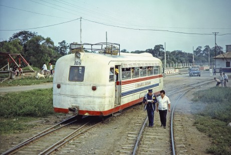 Rail bus no. 108 carries passengers to local train connections in Yaguachi, Guayas, Ecuador, on July 8, 1990. Photograph by Fred M. Springer, © 2014, Center for Railroad Photography and Art, Springer-ECU1-21-28