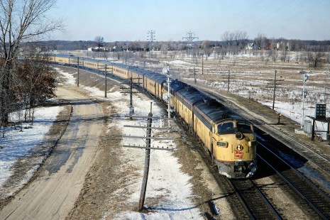 Milwaukee Road diesel locomotive no. 99C leading the eastbound <i>Morning Hiawatha</i> passenger train out of Portage, Wisconsin, on Saturday, January 28, 1967. Photograph by Thomas F. McIlwraith, McIlwraith-01-006-03, © 2018, Center for Railroad Photography & Art, <a href="http://www.railphoto-art.org" rel="noreferrer nofollow">www.railphoto-art.org</a>