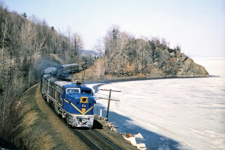 Delaware and Hudson Railway PA diesel locomotives nos. 17 and 16 leading passenger train no. 34 on April 17, 1971, two miles south of Port Henry, New York. Photograph by Thomas F. McIlwraith, McIlwraith-01-029-06, © 2018, Center for Railroad Photography & Art, <a href="http://www.railphoto-art.org" rel="noreferrer nofollow">www.railphoto-art.org</a>
