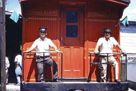 Guayaquil-Quito Railway passenger train crew at Alausi, Chimborazo, Ecuador, on July 24, 1988. Photograph by Fred M. Springer, © 2014, Center for Railroad Photography and Art, Springer-ECU1-07-20