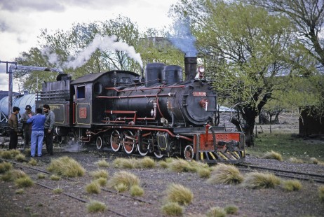 Viejo Expreso Patagónico (Old Patagonian Express) steam locomotive no. 114 and workers at Lepa, Chubut, Argentina, on October 30, 1995. Photograph by Fred M. Springer.  © 2014, Center for Railroad Photography and Art. Springer-CHI-ARG1-11-05
