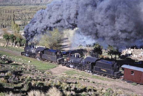 An overhead view of Viejo Expreso Patagónico (Old Patagonian Express) steam locomotives nos. 105 and 131 in Esquel, Chubut, Argentina, on October 16, 1990. Photograph by Fred M. Springer, © 2014, Center for Railroad Photography and Art, Springer-SOAM1-16-14