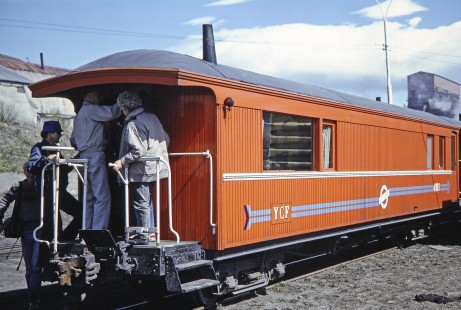 A Ramal Ferro Industrial de Río Turbio business car is shown to a few passengers in Río Turbio, Santa Cruz, Argentina, on October 18, 1990. Photograph by Fred M. Springer. © 2014, Center for Railroad Photography and Art, Springer-SOAM1-19-25