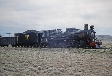 Ramal Ferro Industrial de Río Turbio steam locomotive no. 118 hauls coal at CAD Eyroa in Río Turbio, Santa Cruz, Argentina, on October 17, 1990. Photograph by Fred M. Springer. © 2014, Center for Railroad Photography and Art, Springer-SOAM1-18-23