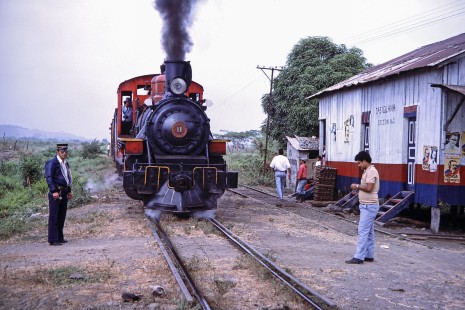 Guayaquil-Quito Railway steam locomotive no. 11 in Casiguana, Guayas, Ecuador, on July 22, 1988. Photograph by Fred M. Springer, © 2014, Center for Railroad Photography and Art, Springer-ECU1-01-01