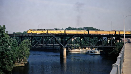 Milwaukee Road passenger train no. 3 crossing the Wisconsin River at Wisconsin Dells, Wisconsin, on Sunday September 11, 1966. Photograph by Thomas F. McIlwraith, McIlwraith-01-004-11, © 2018, Center for Railroad Photography & Art, <a href="http://www.railphoto-art.org" rel="noreferrer nofollow">www.railphoto-art.org</a>
