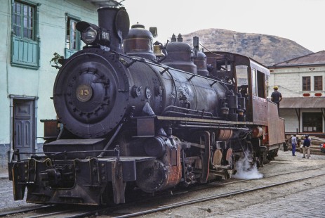 Guayaquil and Quito Railway steam locomotive no. 45 with passenger train in Alausi, Chimborazo, Ecuador, on July 30, 1988. Photograph by Fred M. Springer, © 2014, Center for Railroad Photography and Art, Springer-ECU1-16-38