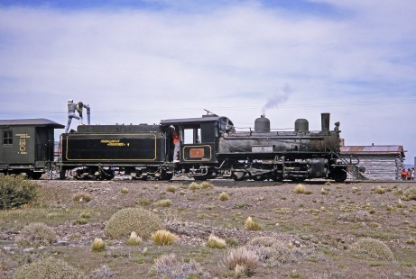 Viejo Expreso Patagónico (Old Patagonian Express) steam locomotive no. 19  in Fitalancao, Río Negro, Argentina, on October 29, 1995. Photograph by Fred M. Springer.  © 2014, Center for Railroad Photography and Art; Springer-CHI-ARG1-09-22
