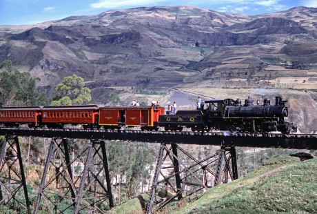 Guayaquil-Quito Railway steam locomotive no. 44 crosses Alausi Bridge in Alausi, Chimborazo, Ecuador, on either July 23, 1988. Photograph by Fred M. Springer, © 2014, Center for Railroad Photography and Art, Springer-ECU1-06-05