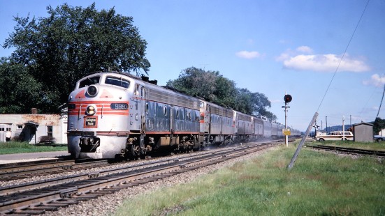 Chicago, Burlington and Quincy Railroad E9 locomotive no.  9993 leading eastbound passenger train no. 26, the <i>North Coast Limited</i> through Prairie du Chien, Wisconsin, on August 11, 1968. Photograph by Thomas F. McIlwraith, McIlwraith-01-023-17, © 2018, Center for Railroad Photography & Art, <a href="http://www.railphoto-art.org" rel="noreferrer nofollow">www.railphoto-art.org</a>