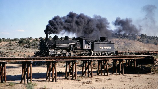 Denver and Rio Grand Western Railroad 2-8-2 steam locomotive no. 498 north of Aztec, New Mexico, on June 15, 1968. Photograph by Thomas F. McIlwraith, McIlwraith-01-019-04, © 2018, Center for Railroad Photography & Art, <a href="http://www.railphoto-art.org" rel="noreferrer nofollow">www.railphoto-art.org</a>