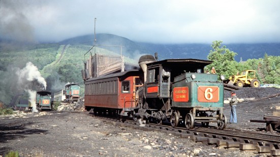 Mt. Washington Cog Railway steam locomotives nos. 10, 1 and 6 at the railroad's base station in Bretton Woods, New Hampshire, on August 25, 1977. Photograph by Thomas F. McIlwraith, McIlwraith-01-032-19, © 2018, Center for Railroad Photography & Art, <a href="http://www.railphoto-art.org" rel="noreferrer nofollow">www.railphoto-art.org</a>