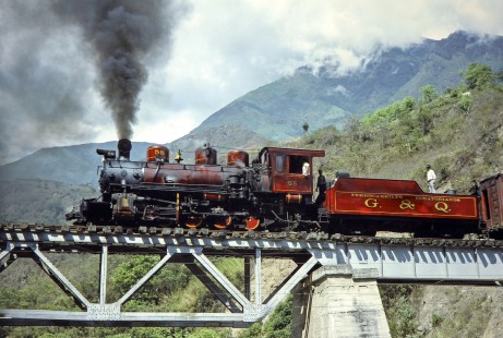 Guayaquil-Quito Railway steam locomotive no. 58 with passenger train near Sibambe,  Ecuador. on July 9, 1990. 
Photograph by Fred M. Springer, © 2014, Center for Railroad Photography and Art, Springer-ECU1-23-17
