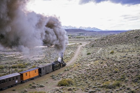 Viejo Expreso Patagónico (Old Patagonian Express) steam locomotive no. 19 and passenger train near Ñorquinco, Chubut, Argentina, on October 31, 1995.  © 2014, Center for Railroad Photography and Art, Photograph by Fred M. Springer. Springer-CHI-ARG1-12-06